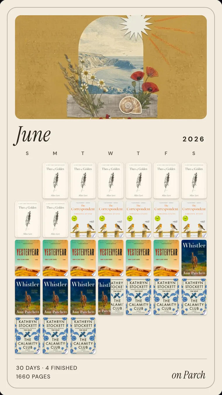 A Parch month card for June: 30 days read, 4 books finished, 1,660 pages